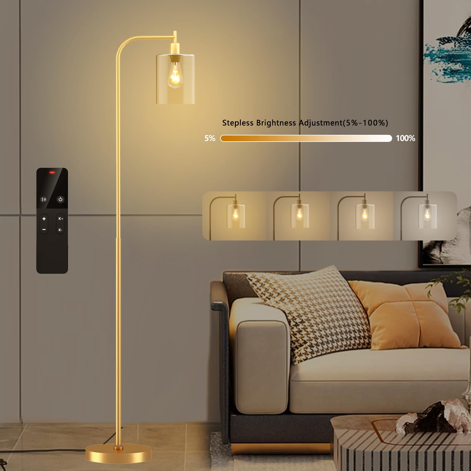 Wio-Mio Industrial Floor Lamp, Metal with Glass Shade, Dimmable, Remote LED Bulbs, Gold, Model MF19334