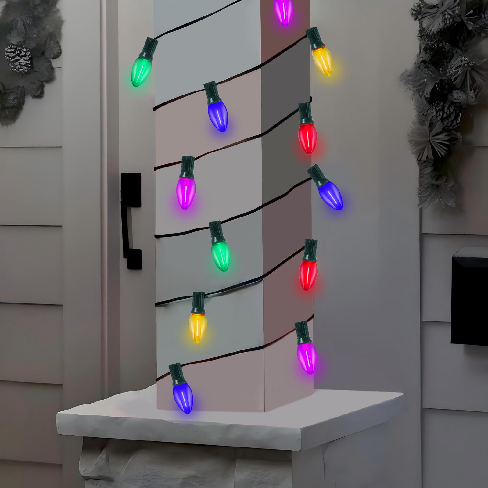 C7 Led Multicolor Christmas String Lights, 25Ft With 27 Clear Bulbs, Hanging Outdoor Christmas Decorations For Tree, Patio, Gard