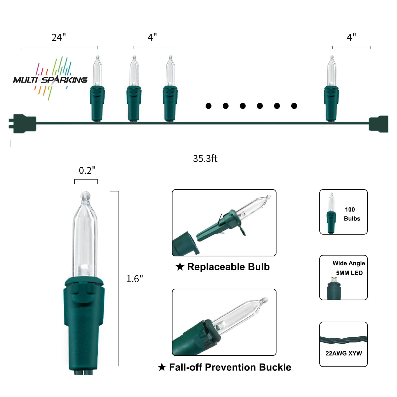 Multi-Sparking Warm White Christmas Lights (11 Feet, 35 Count) - Led Christmas Tree Lights Green Wire, Mini String Lights For Indoor And Outdoor Christmas Decorations
