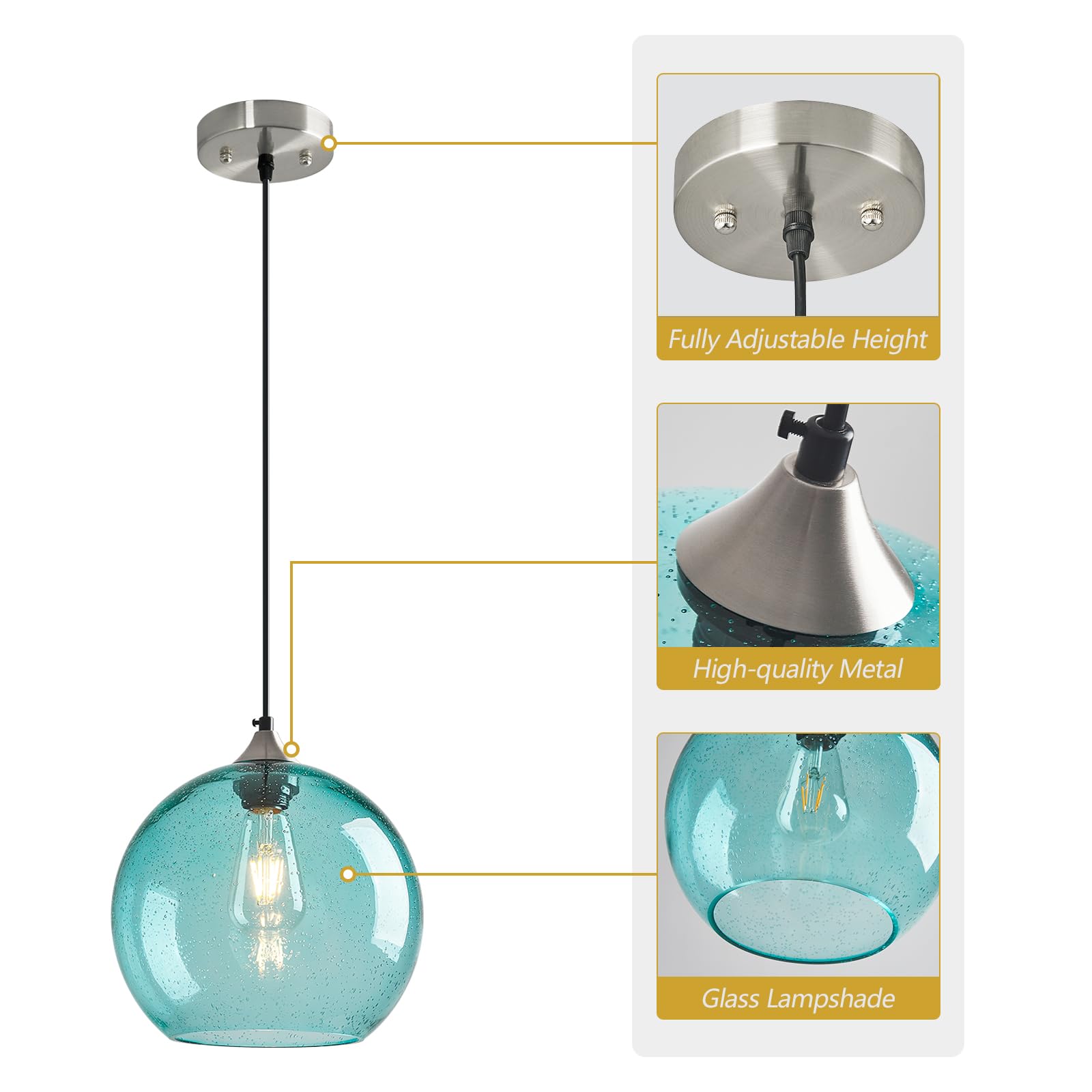 Lbsqj Light Blue Glass Pendant Lights Kitchen Island Globe Pendant Light Fixtures Modern Pendant Lighting For Bedroom Living Dining Room Light Fixture (9.84 In  2 Pack)