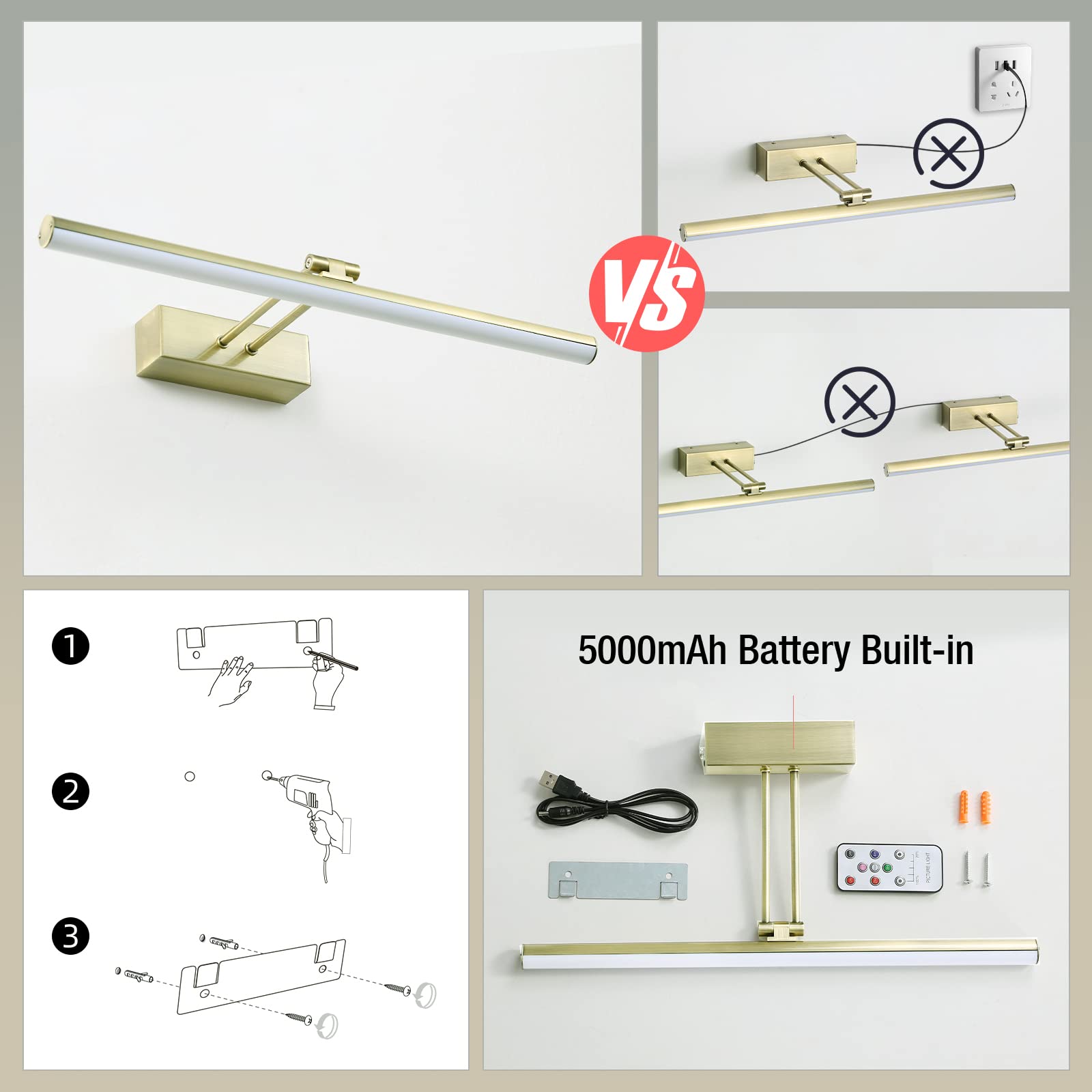 Howmzon 16 Battery Operated Picture Light - Metal Art Light In Antique Brass, Remote Control, Rechargeable, Model Hw202201Ab