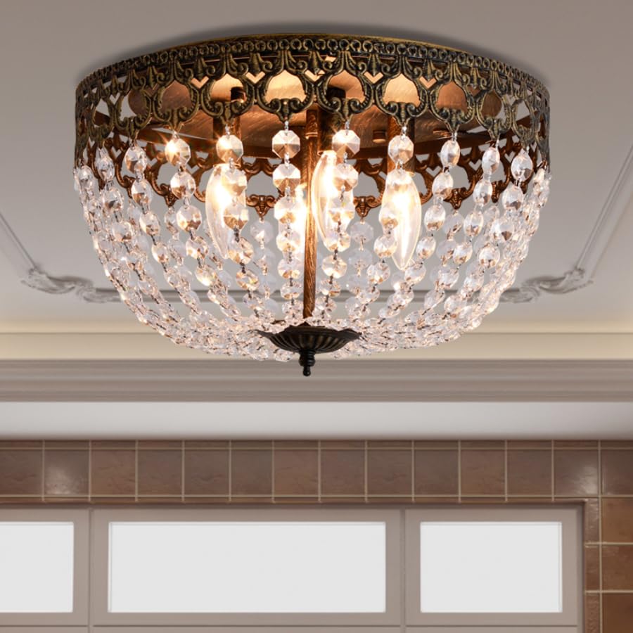Maxax 15 Vintage Ceiling Light  4-Lights Bronze Crystal Flush Mount Chandelier Light Fixture  Antique Ceiling Lamp for Living Room Bedroom Dining Room Kitchen Hallway Locker Room