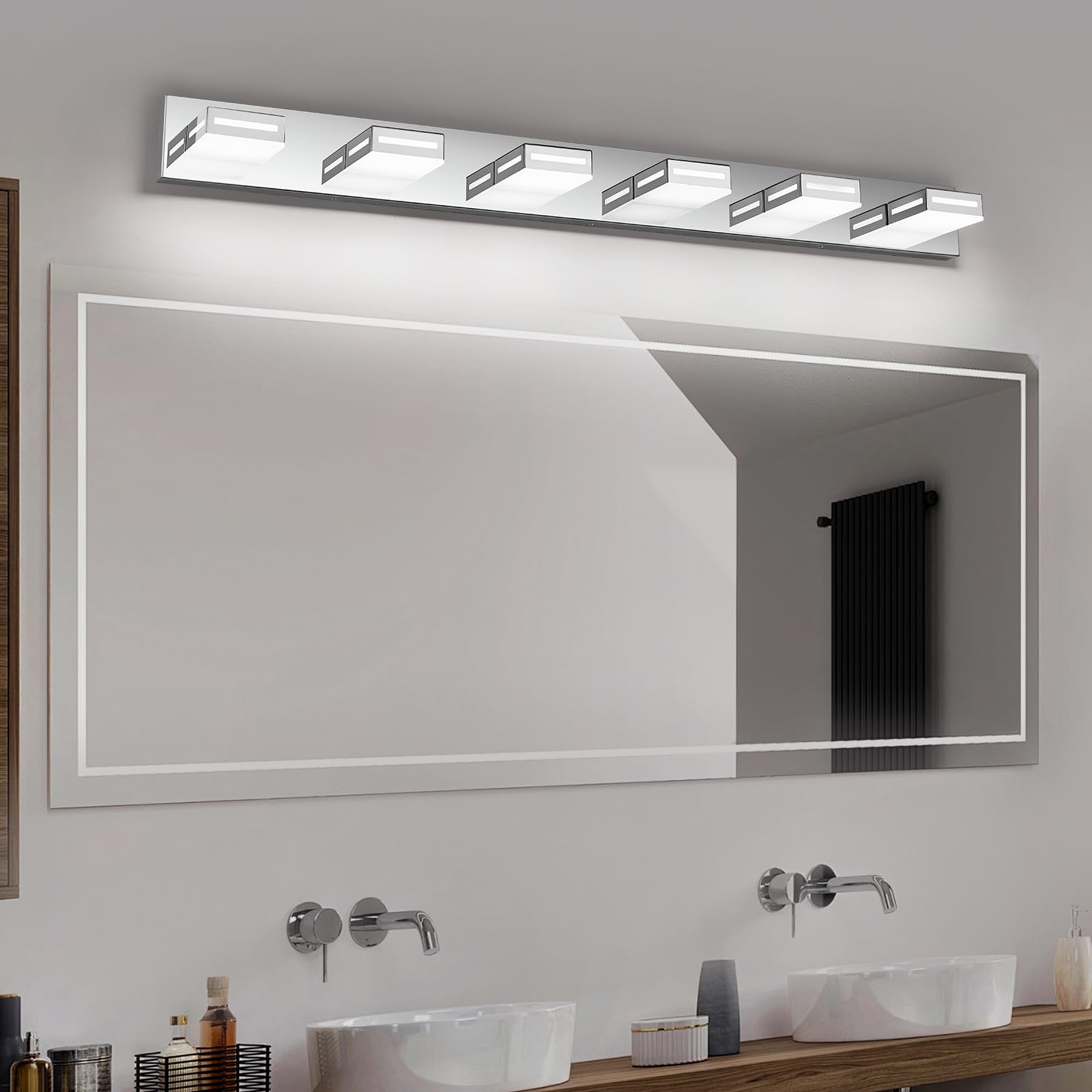 Donrao 48-Inch 6-Light Led Modern Chrome Bathroom Vanity Light Fixtures Over Mirror  Bathroom Lighting Fixtures With Cool White 6000K  Rotatable Vanity Wall Lights For Bath Restroom Powder Room