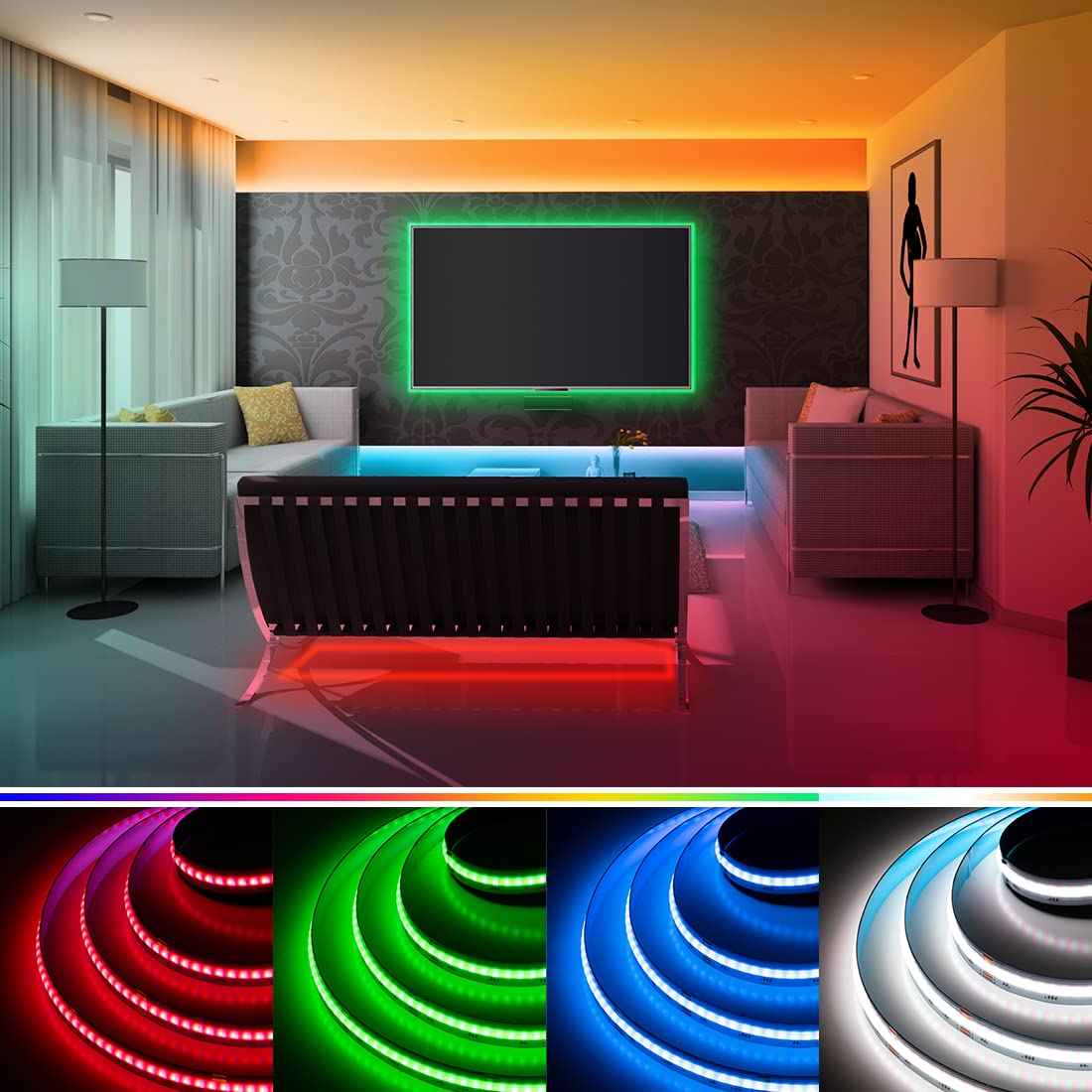 BTF-LIGHTING FCOB COB LED Strip 16.4FT DC12V RGBW 4000K High Density Plastic Light for Indoor Decoration