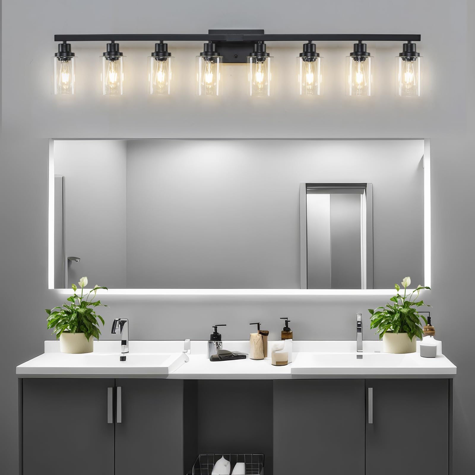 DIKAIDA 8-Light Bathroom Vanity Lights, Matte Black Metal Fixtures, 52inch, Modern Design for Mirror, Bedroom, Living Room