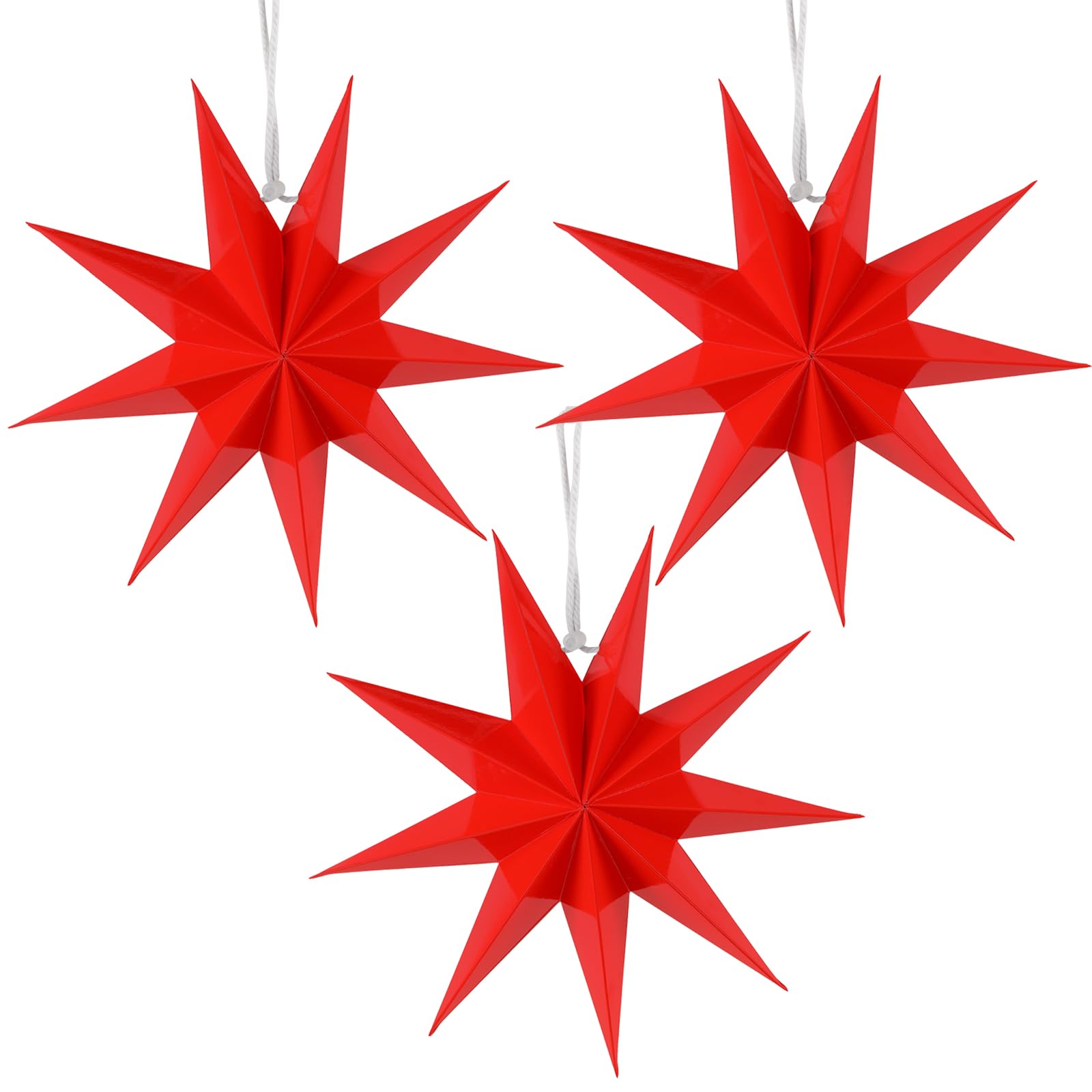 SUNBEAUTY 3 Pcs 9-Pointed Red Paper Star Lanterns 12 Inch Christmas Hanging Lamp Red Paper Decorations Shade Wedding Birthday Ch