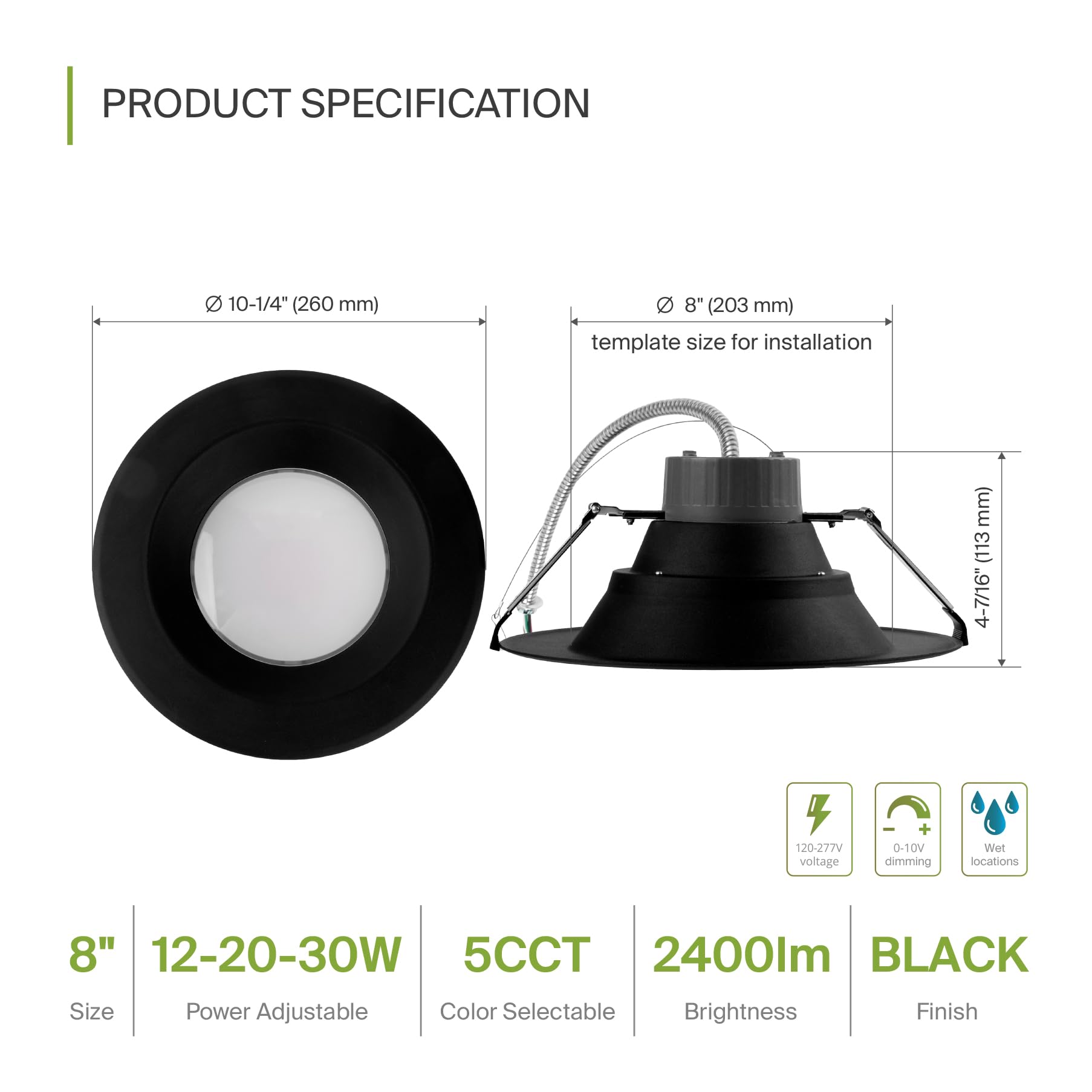 ASD 8 Inch Canless LED Downlight, Dimmable, Power Adjustable 12/20/30W, 5 Color Temps, 4 Pack, Black, Aluminum Housing