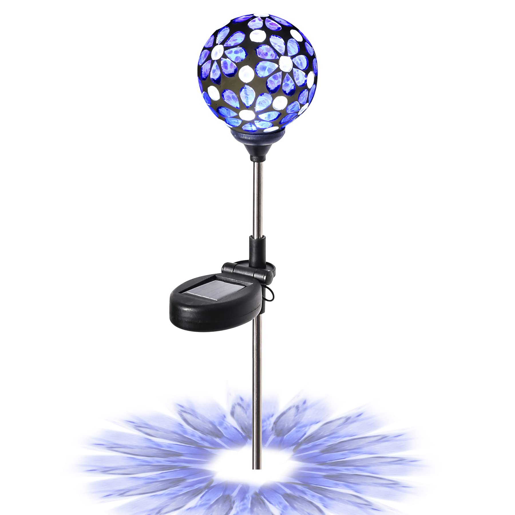 WNP Blue Outdoor Mosaic Solar Light Stake - Waterproof Glass Flower Petal Ball Decor for Garden, Yard, Path