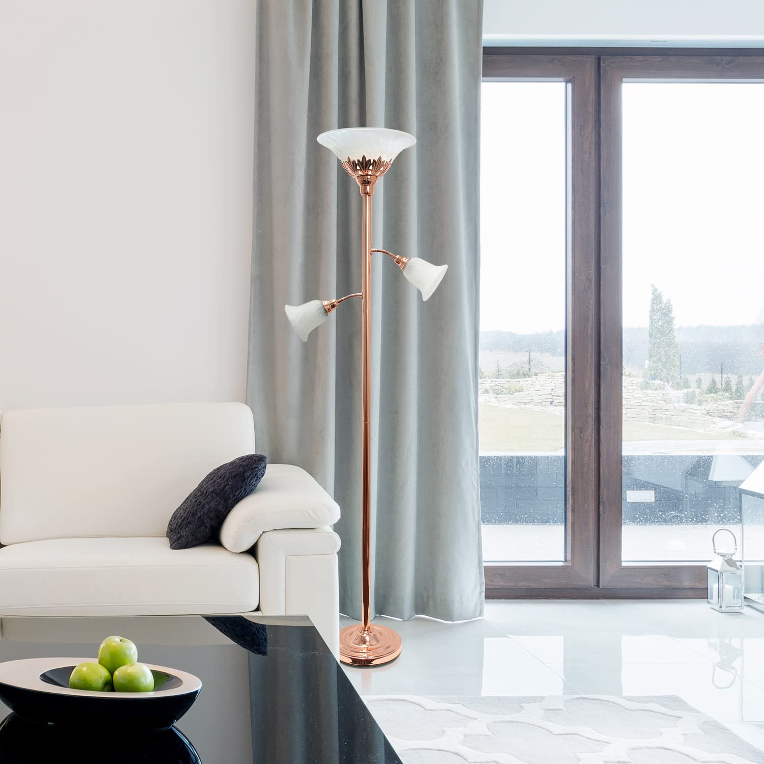 LALIA HOME Torchiere Floor Lamp, Rose Gold with 2 Reading Lights & Scalloped Glass Shades, Model LHF-3002-RG