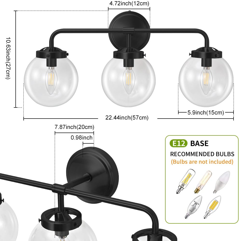 Deyidn Black Bathroom Vanity Light Fixtures Over Mirror, Modern Matte Black 3 Lights Wall Sconce Lighting With Transparent Glass