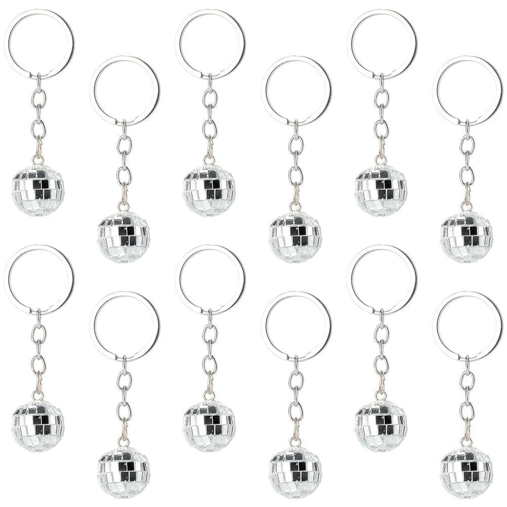 CRASPIRE 20Pcs Silver Disco Ball Keychain Mirror Key Chain Bulk Small Mini Acrylic Round Balls Hanging 70s Themed Party Charm Pe