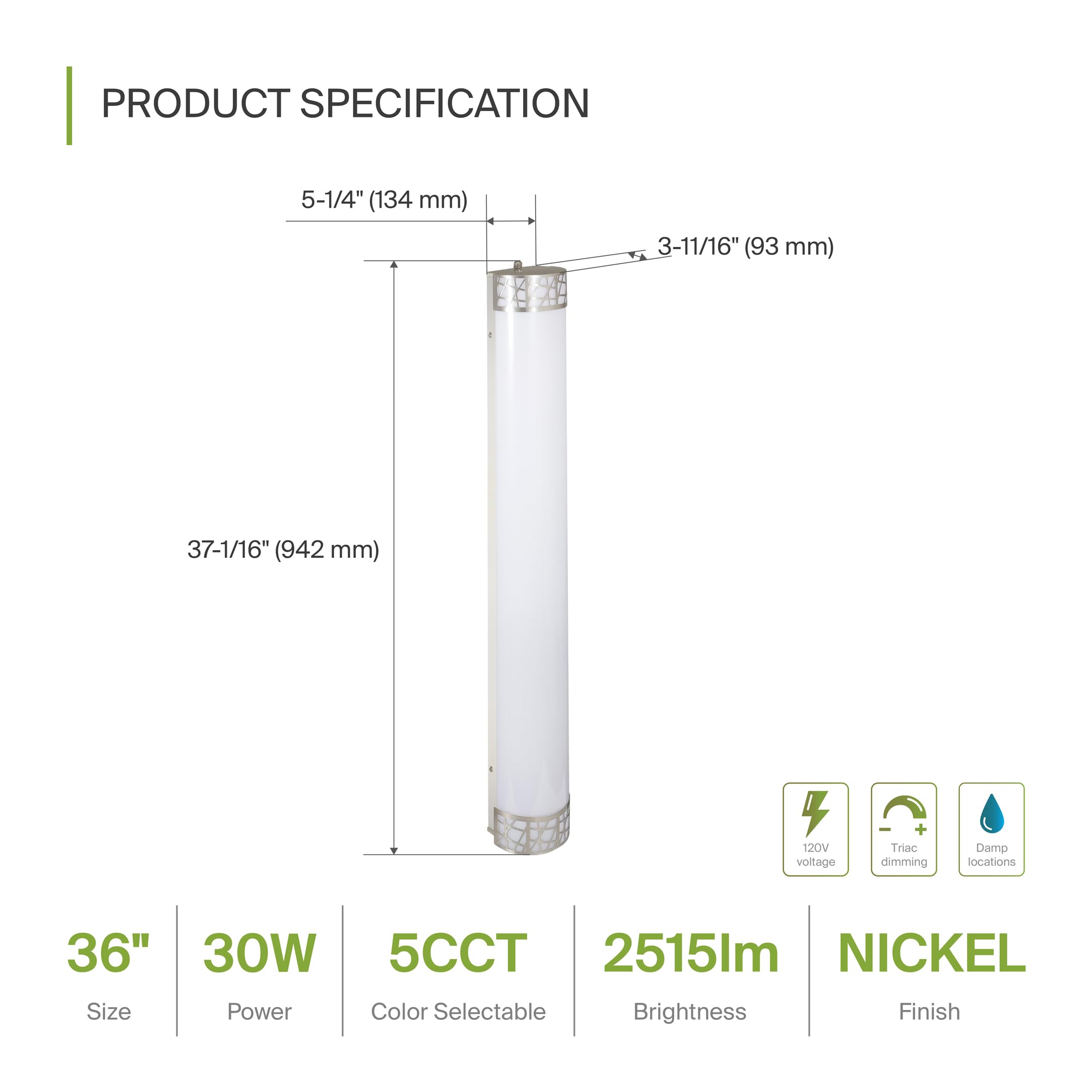 ASD 36 Inch LED Bathroom Vanity Light - Dimmable 30W 2700K-5000K - Brushed Nickel - Model A-LOFT-VF-36D30NK