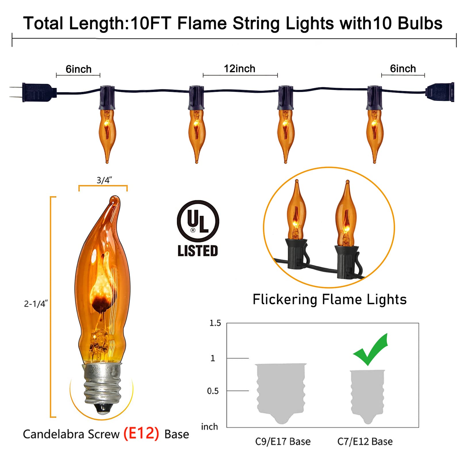 SUNSGNE 10Ft Flickering Flame Orange C7 Christmas Lights, 1W Black Wire for Home Halloween Outdoor Decoration