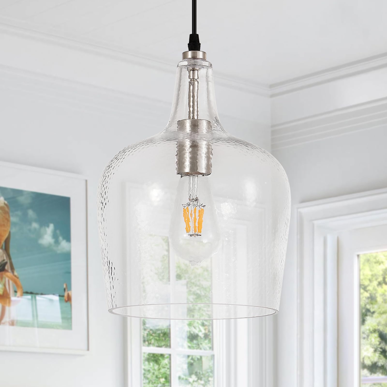 Elyccupa Large Hammered Glass Pendant Light Modern Brushed Nicklel 1 Light Single Dome Pendant Lighting Fixtures For Kitchen Island Dining Room Hallway  Dia 10 Inch  Ul Listed