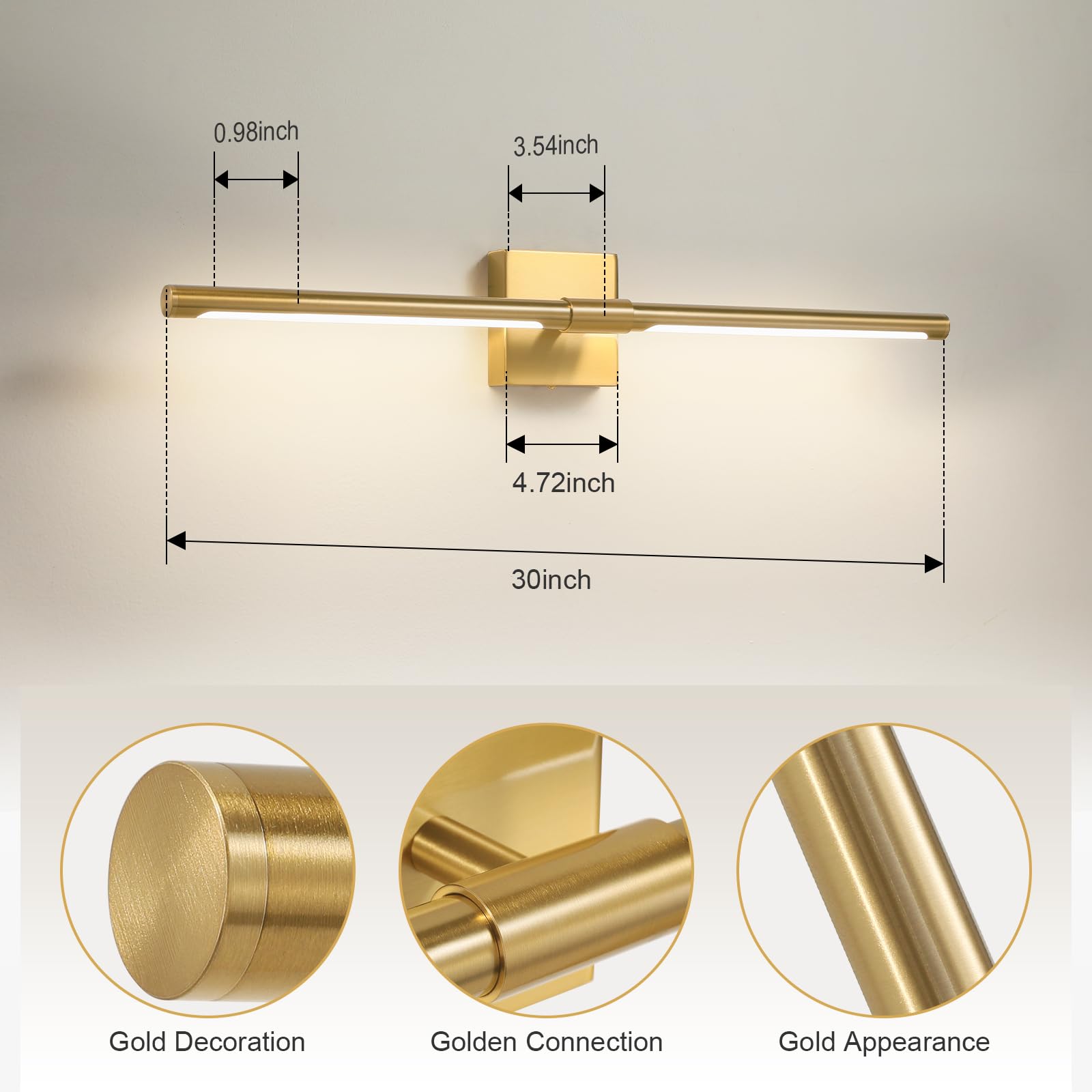 Faziyo Gold Vanity Light Fixtures For Bathroom Over Mirror 30 Inch Led Bath Sconces 4000K Morden Picture Lights For Paintings (H
