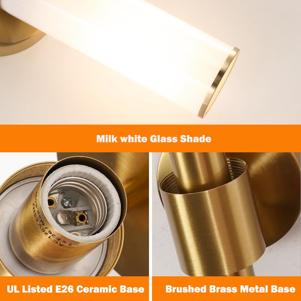 Daunton Gold Wall Sconces Set of 2, Brass with White Glass Shade, Modern Vanity Light Fixtures for Living Room, Bedroom, Hallway, Model DX23052G2-WH-