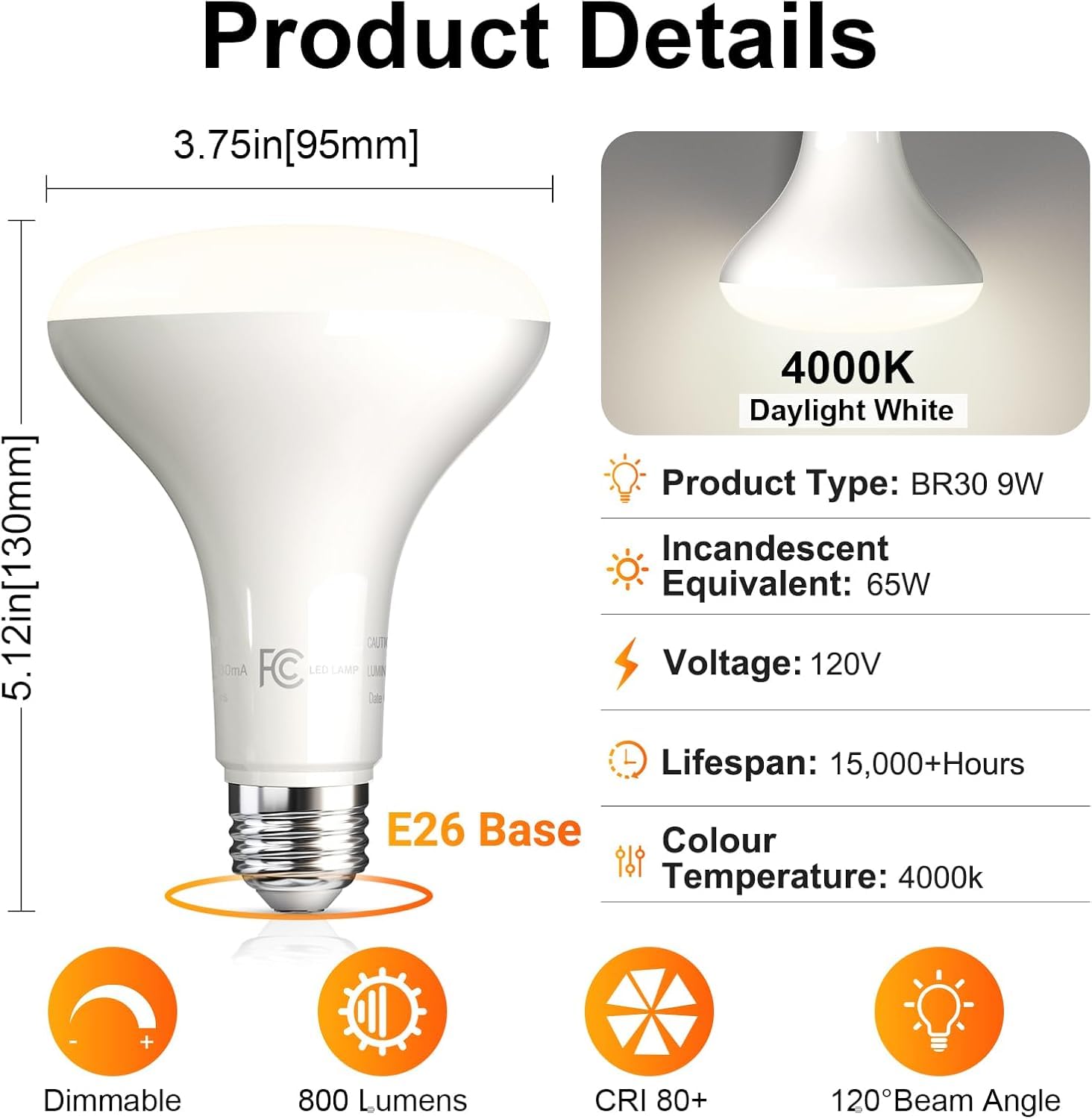 Tjoy 12 Pack Br30 Led Bulb 65W Equivalent, Dimmable Flood Light Bulbs Indoor, E26 Base, 4000K Natural White, 9W, 800 Lm, Recesse