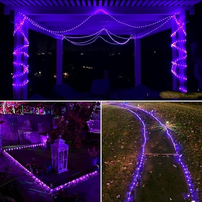 Qitong 2 Pack Purple Solar Rope Lights Outdoor Waterproof, Each 33Ft 100 Led String Lights, 8 Modes Clear Pvc Solar Tube Light