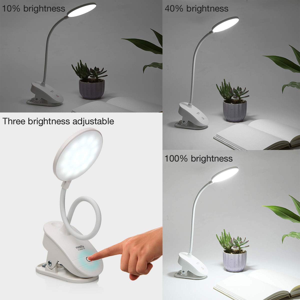 Miady 2 Pack Clip On Lamp,Battery Powered Reading Light,Clamp For Bed With 3 Brightness Level,Usb Rechargeable