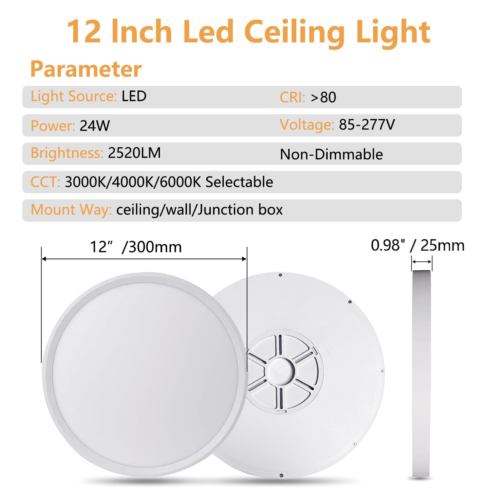 Offiy 4Pk 12 Inch Led Flush Mount Ceiling Light, 24W, 2520Lm, 3000K/4000K/6000K Cct Selectable Super Slim Led Ceiling Light, Close To Ceiling Round Flat Panel Light For Hallway, Bedroom,Kitchen Ect