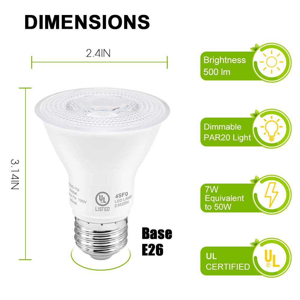 LightingWill 7W Par20 LED Bulb, 4000K Natural White, Dimmable, 500 Lumens, E26 Base, 6 Pack