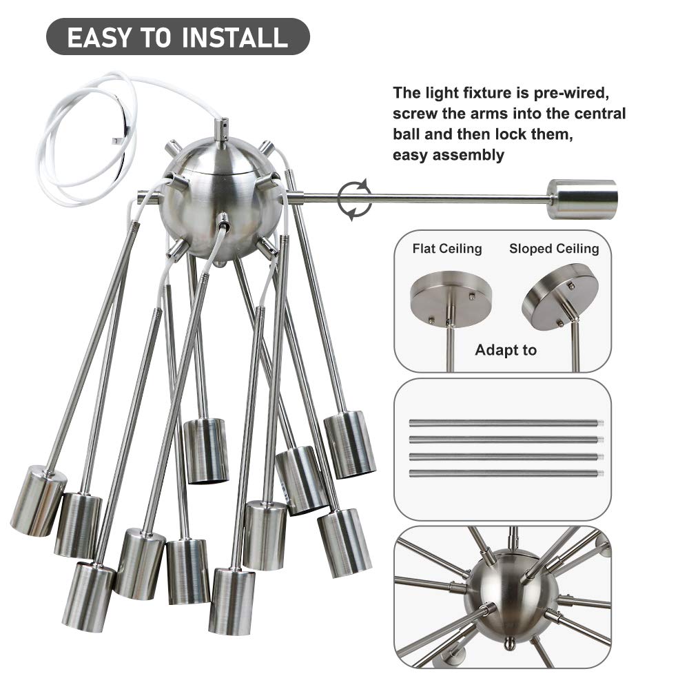 Lynpon 12-Light Brushed Nickel Sputnik Chandelier - Modern Ceiling Light For Dining Room, Kitchen