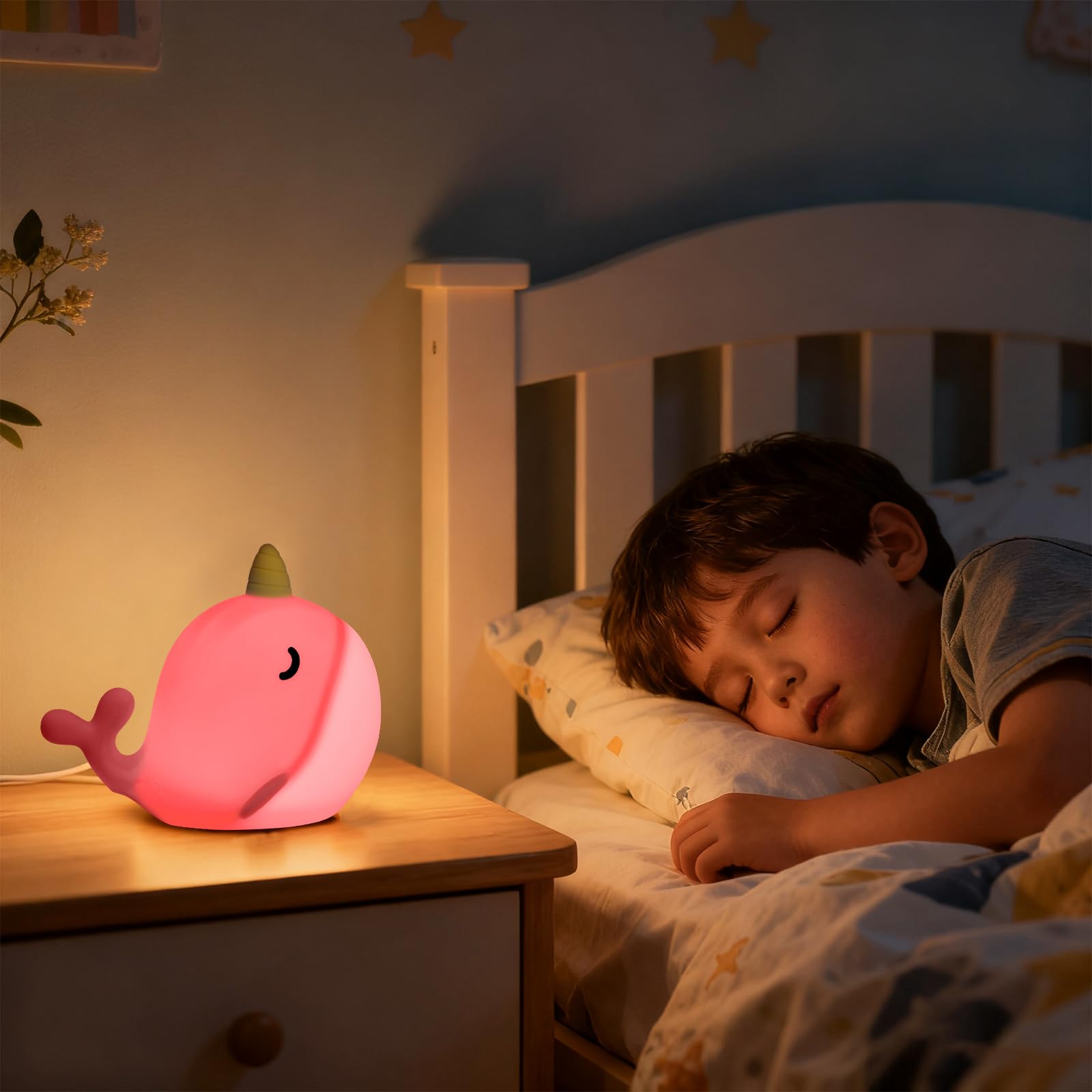 Hpydiy Cute Narwhal Night Light  Tap Control With 3 Warm White Brightness  Usb Kids Bed Lamp With 30-Minute Timer  Soft Silicone Glow For Nursery  Birthday Gift(Pink Narwhal)