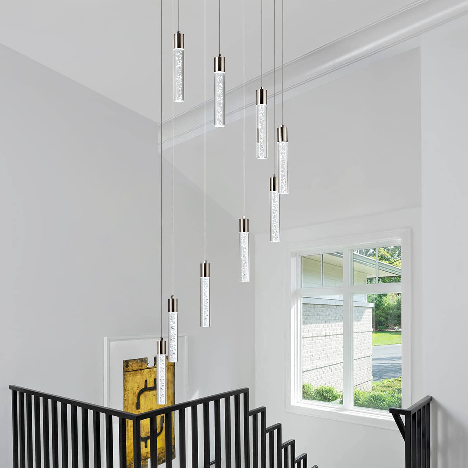 votag Pendant Lighting Chandelier 9-Light Nickel Acrylic Modern High Ceiling Foyer Staircase Model A174