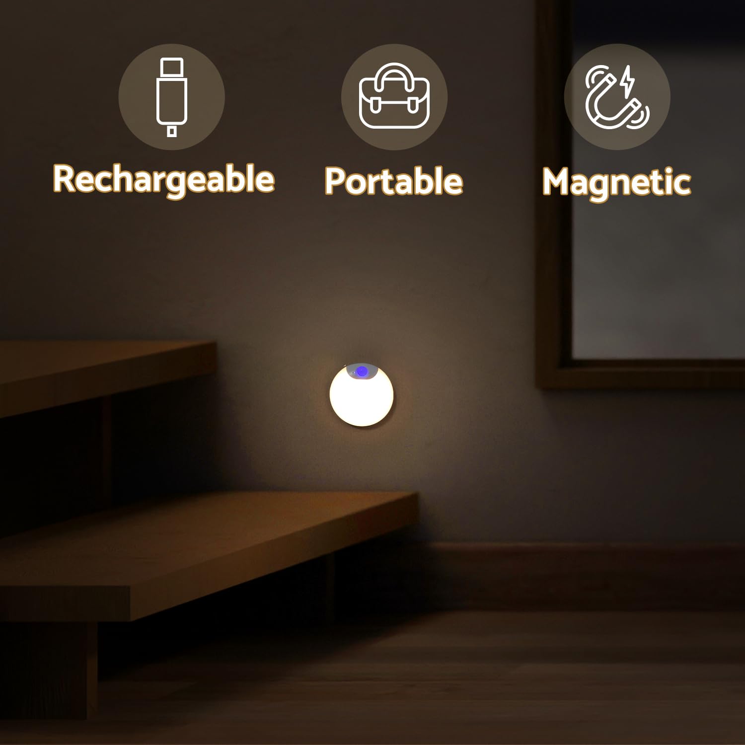 DAZZY DOT Motion Sensor Night Light 2-Pack, Rechargeable, Dimmable, Magnetic, White, 3.17” x 0.93”, Model PLT-HKQ-