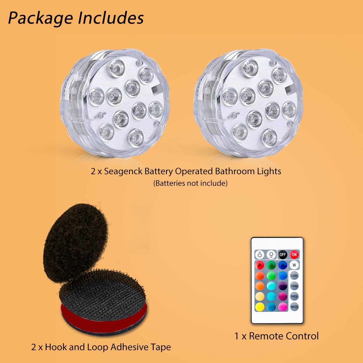 Seagenck Wireless LED Bathroom Lights - Waterproof RGB Glow Light, Remote Control, 2pcs for Vanity & Shower