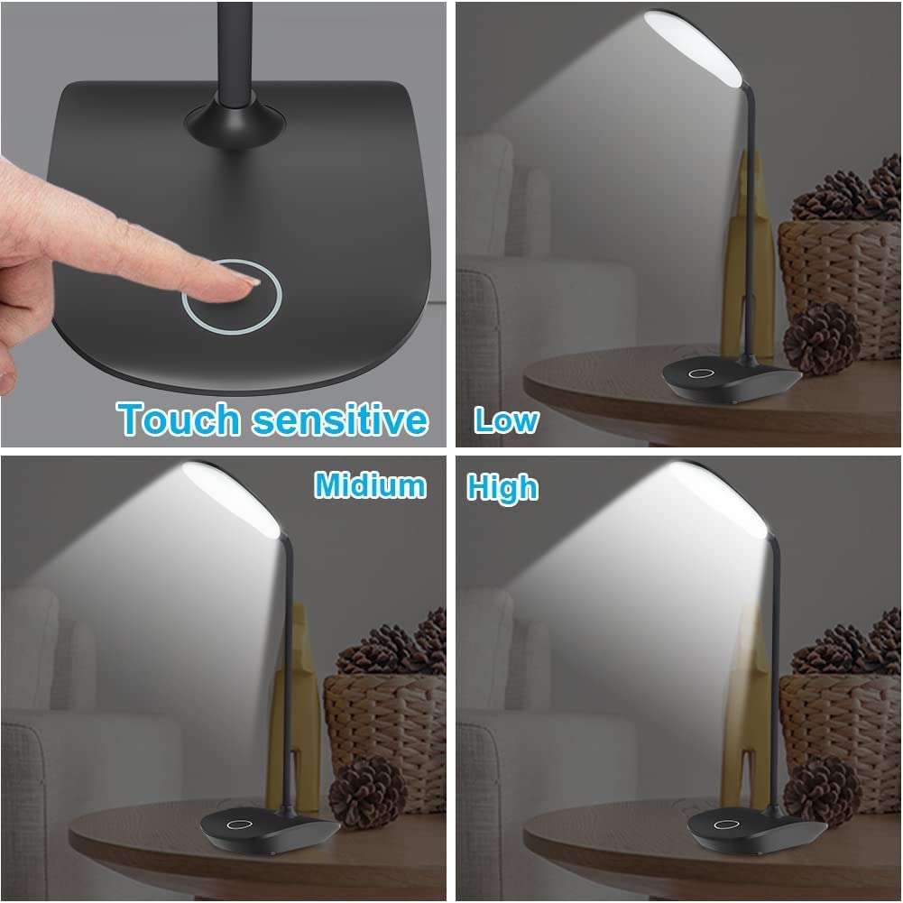 DEEPLITE LED Desk Lamp - Flexible Gooseneck, 3 Brightness Levels, Battery Operated, 2 Pack, Black, Model OL-T04, Portable for Dorm/Office