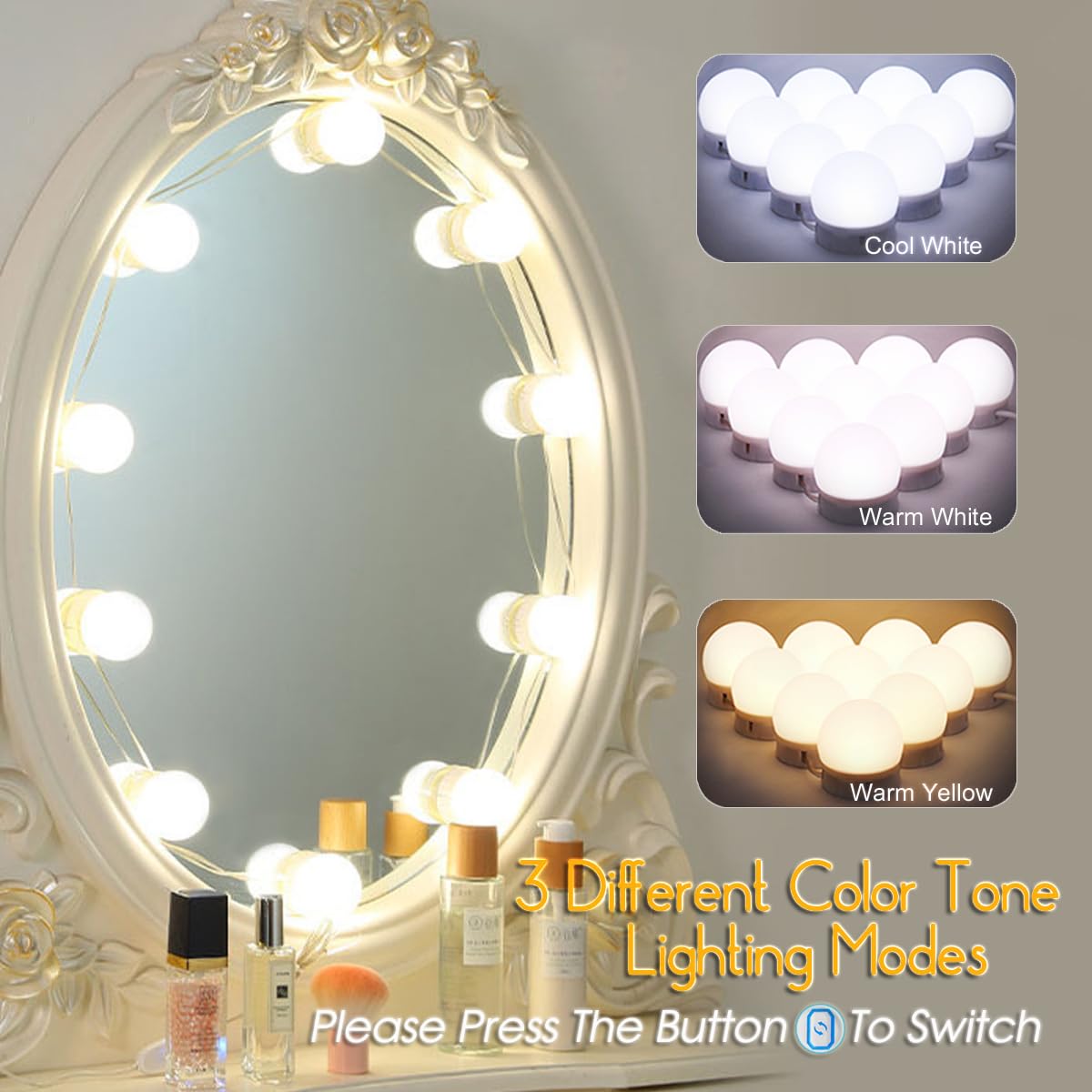 Heloie Led Vanity Mirror Lights,15 Ft Vanity Lights For Makeup Dressing Mirror Lighting,10 Dimmable Bulbs,Adjustable Light Color