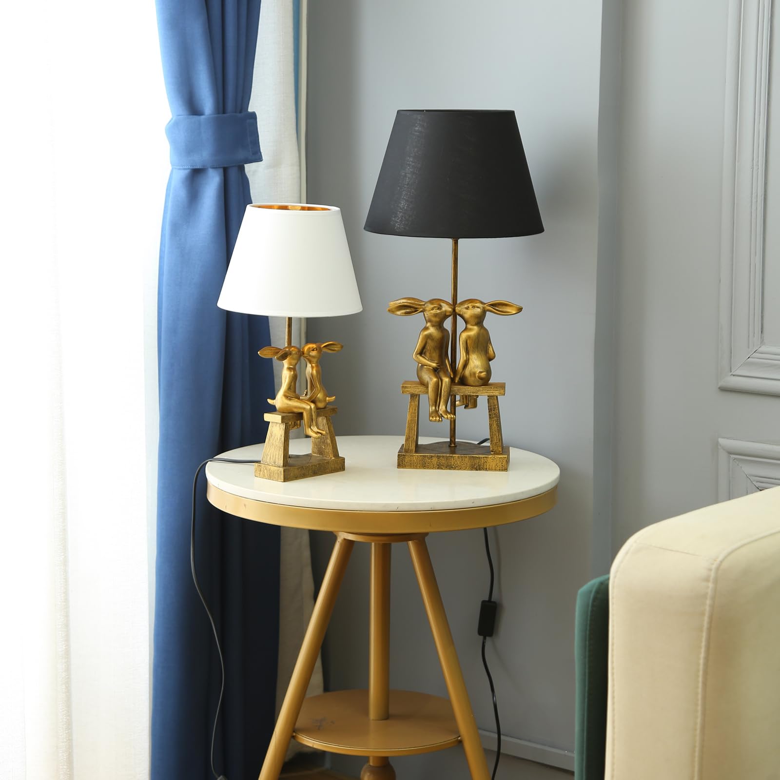 LAZHUG Kissing Bunny Lamp - H16in Gold Rabbit Table Lamp, Small White Shade, Energy Efficient Nightstand Light, Perfect Gift for Loved Ones