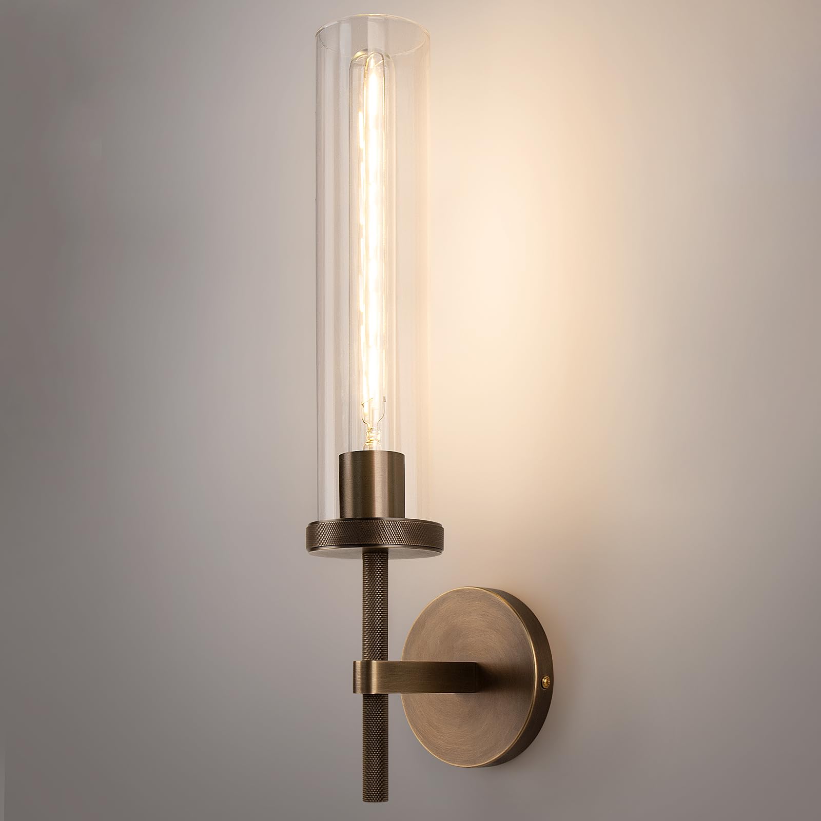 Vookea 19.5 Knurled Brass Wall Sconce with Clear Glass Tube, Bronze Bathroom Vanity Light Fixtures, Modern Lamp Lighting for Bed