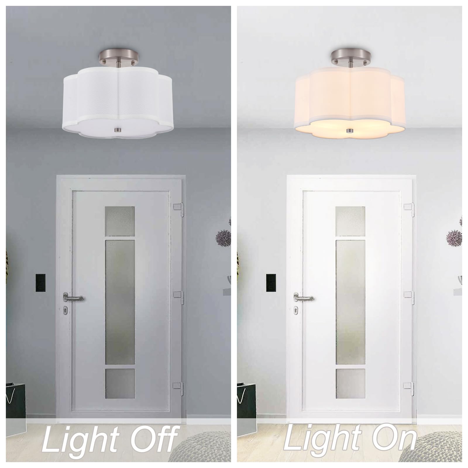 Widluth Modern Drum Semi Flush Mount Ceiling Light Fixture Modern 3-Lights Linen Drum Ceiling Lighting With Chrome Finish, Vintage Modern Ceiling Light For Laundry Room, Kitchen, Basement, Bedroom