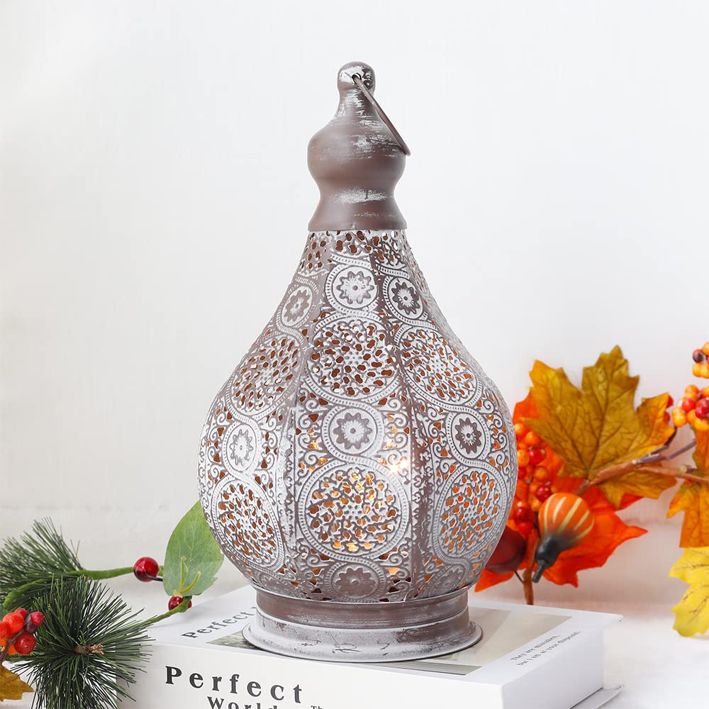 Jhy Design Vintage Moroccan Lantern Table Lamp, Battery Powered, 11.5" Metal Cordless Lamp