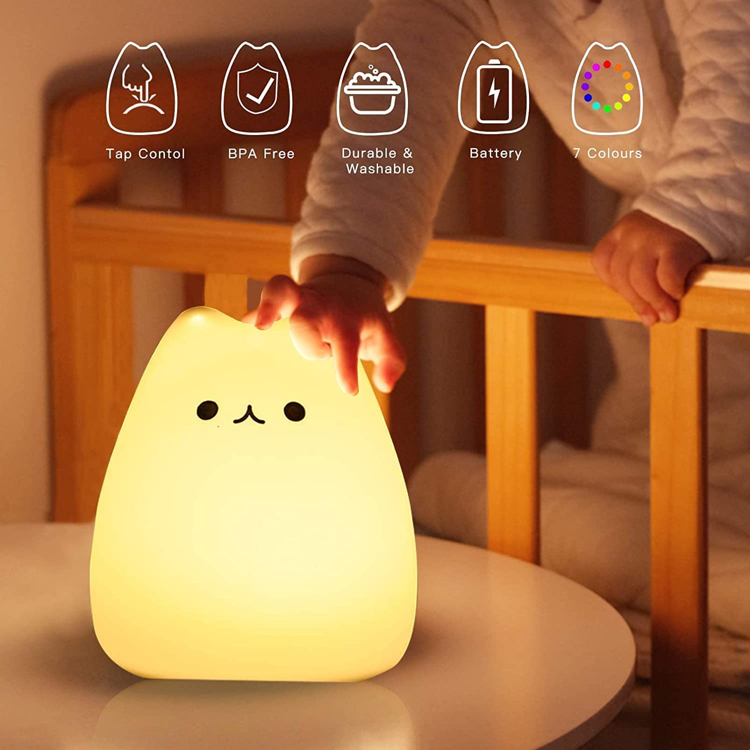 ZKLiLi Cat Night Light, USB Rechargeable Cute Cat Lamp with Warm White & 7-Color Modes, Celebrity Cat Color
