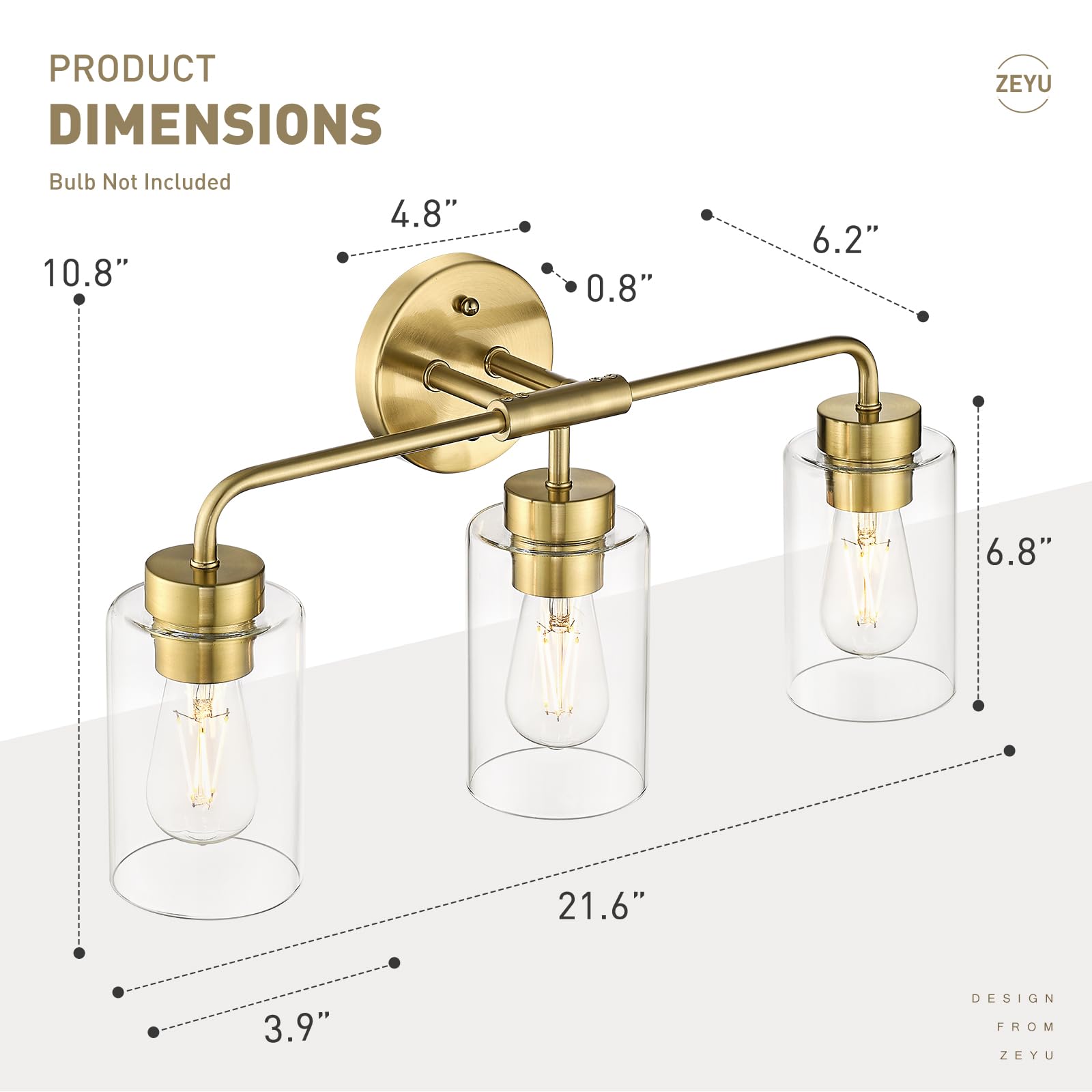 zeyu 3-Light Vanity Lighting Fixture, Modern Metal Over Mirror Light, Brushed Gold, Cylinder Clear Glass Shade, Model ZS62B-3W BG