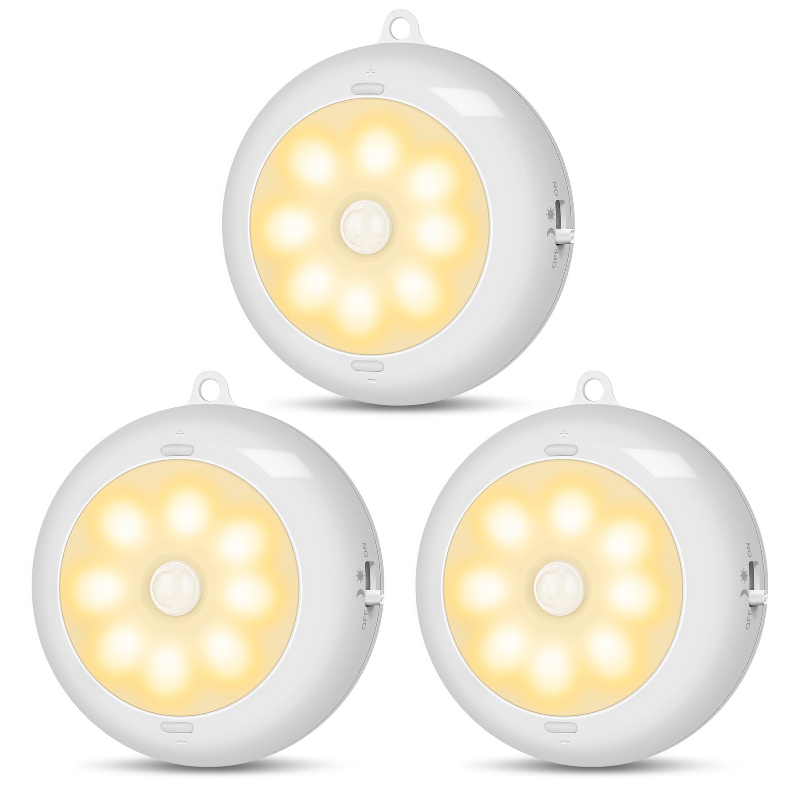 Reoshine Motion Sensor Light Indoor Aa Battery Operated  Under Cabinet Lighting  Magnetic Stick On Led Puck Lights For Stair  Wall  Closet  Dimmable  3000K Warm White (3 Pack)