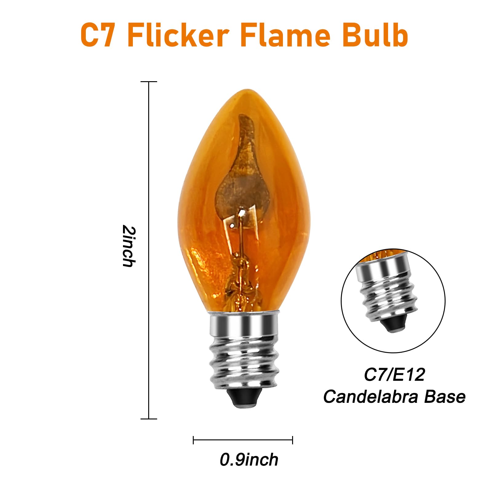 Abeja C7 Flickering Flame Bulb - 1W Halloween Light, Candelabra Base, Orange Glow, Glass, 25 Pack