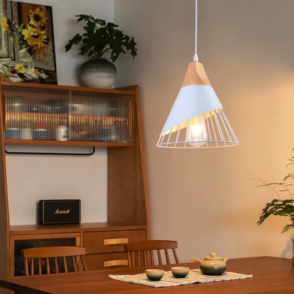 Mxsaoud White Pendant Lights For Kitchen Island,Adjustable Wood Hanging Light Fixture,Industrial Pendant Lighting For Dining Roo