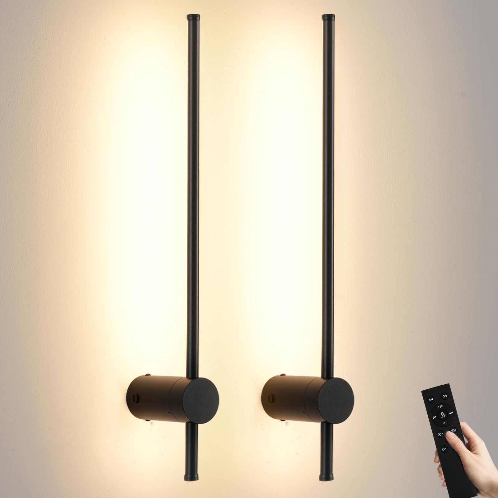 LED Wireless Wall Sconce with Remote Control  Dimmable/350 Rotate/Timing/USB Rechargeable Battery Powered Indoor Wall Lamps  23.6 inch Black Wall Lights Set of Two for Hallway  Living Room  Bedroom