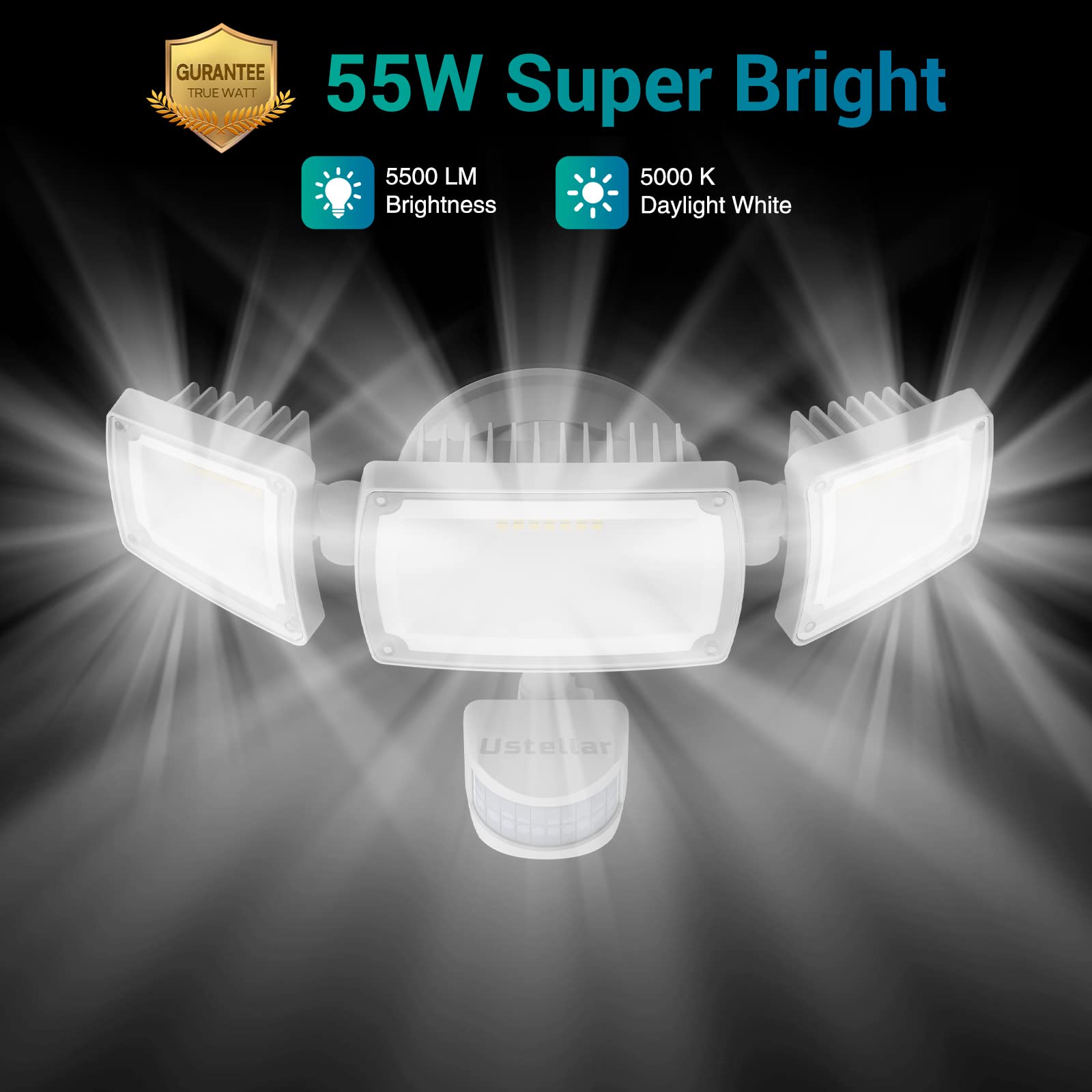 USTELLAR LED Security Light 55W with Motion Sensor, Remote, 5500LM, IP65 Waterproof, White, Model UT88125