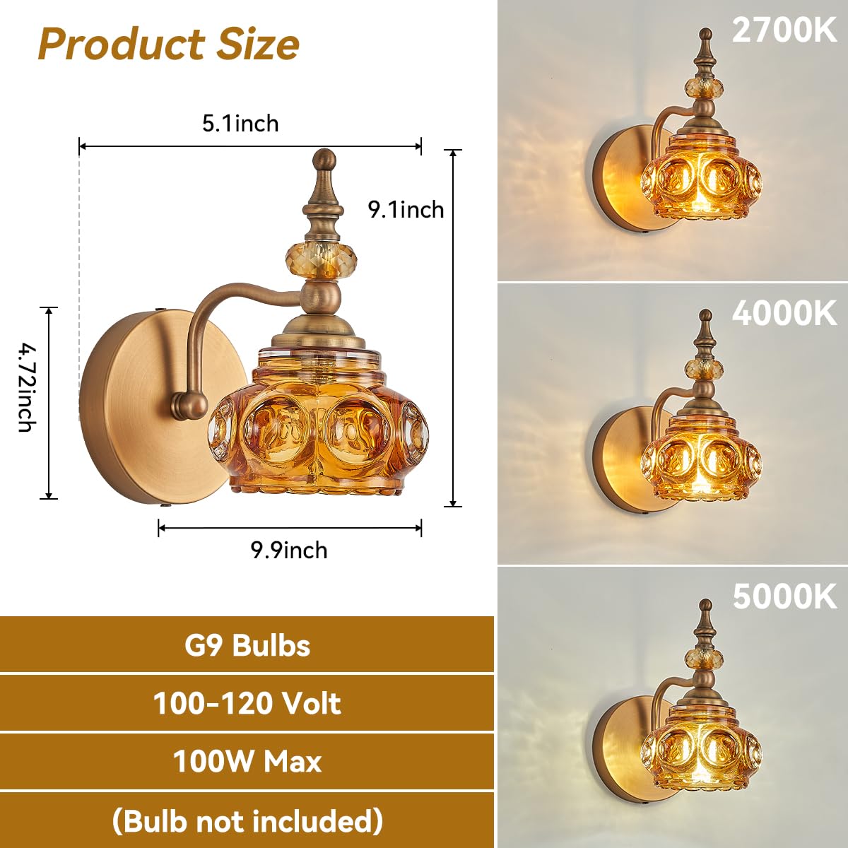 ZILANL Vintage 2-Pack Wall Sconces Amber Rose Glass Lighting Fixtures for Bathroom, Bedroom, Hallway - Rust-Proof Model QCCZ-1C2