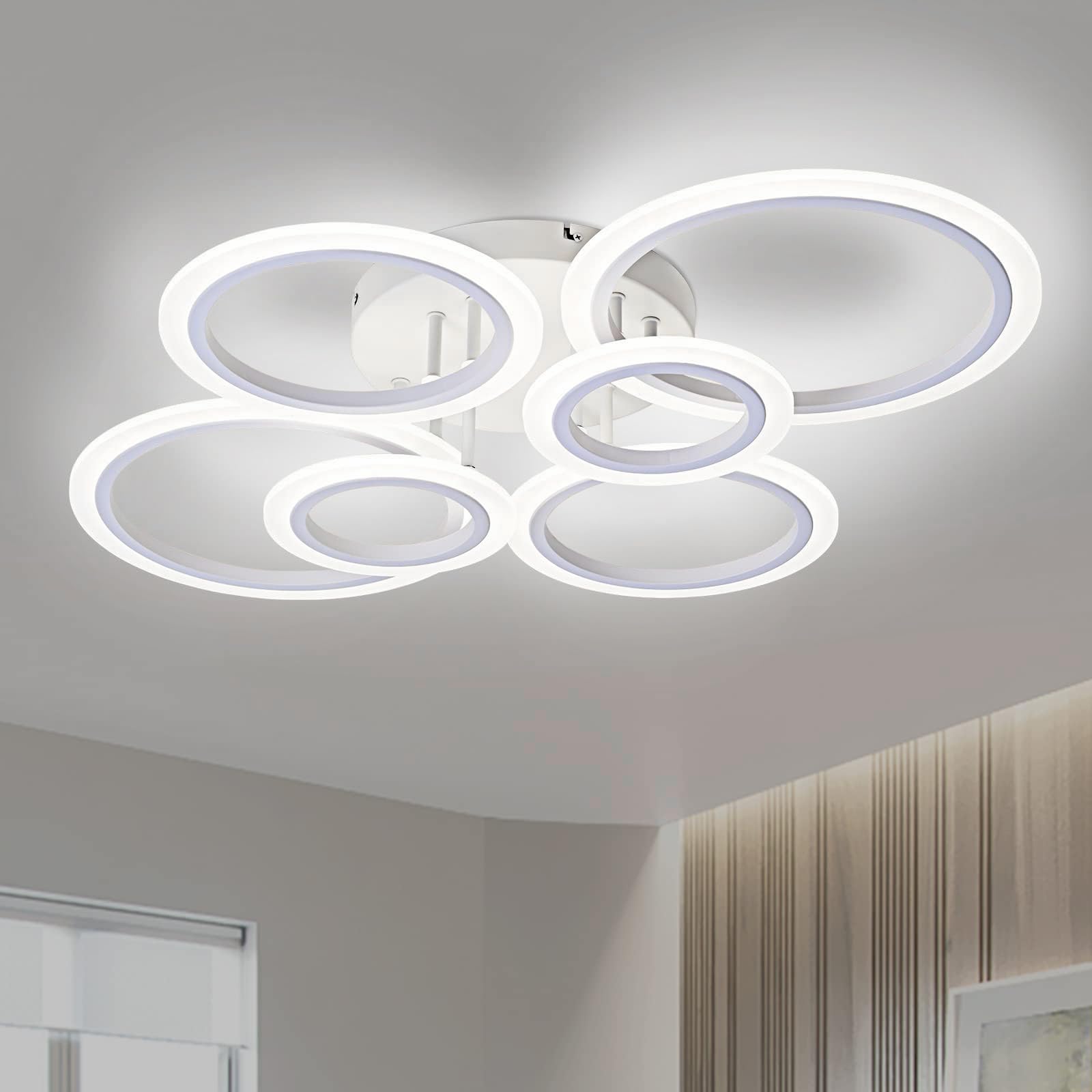 Teminbu Modern Led Ceiling Light, White 6 Rings Flush Mount Ceiling Light, 4000K Lighting Fixture Ceiling Lamp For Kitchen, Bedroom, Living Room, Laundry Room