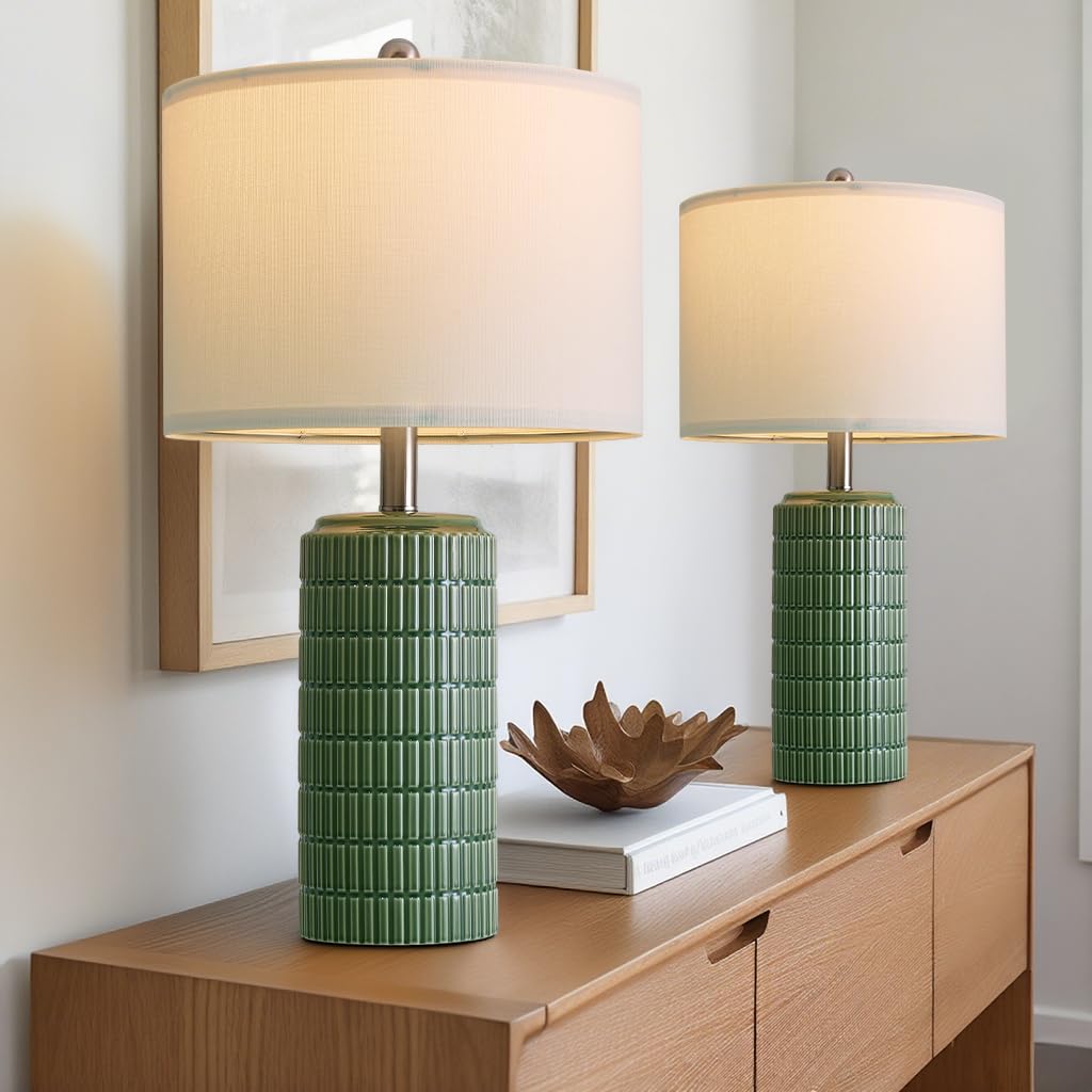 PoKat 24 Modern Ceramic Table Lamps Set of 2 for Bedroom  Green Bedside Lamps for Night Stands  Farmhouse House Decor Nightstand Table Lamps for Living Room End Table Green
