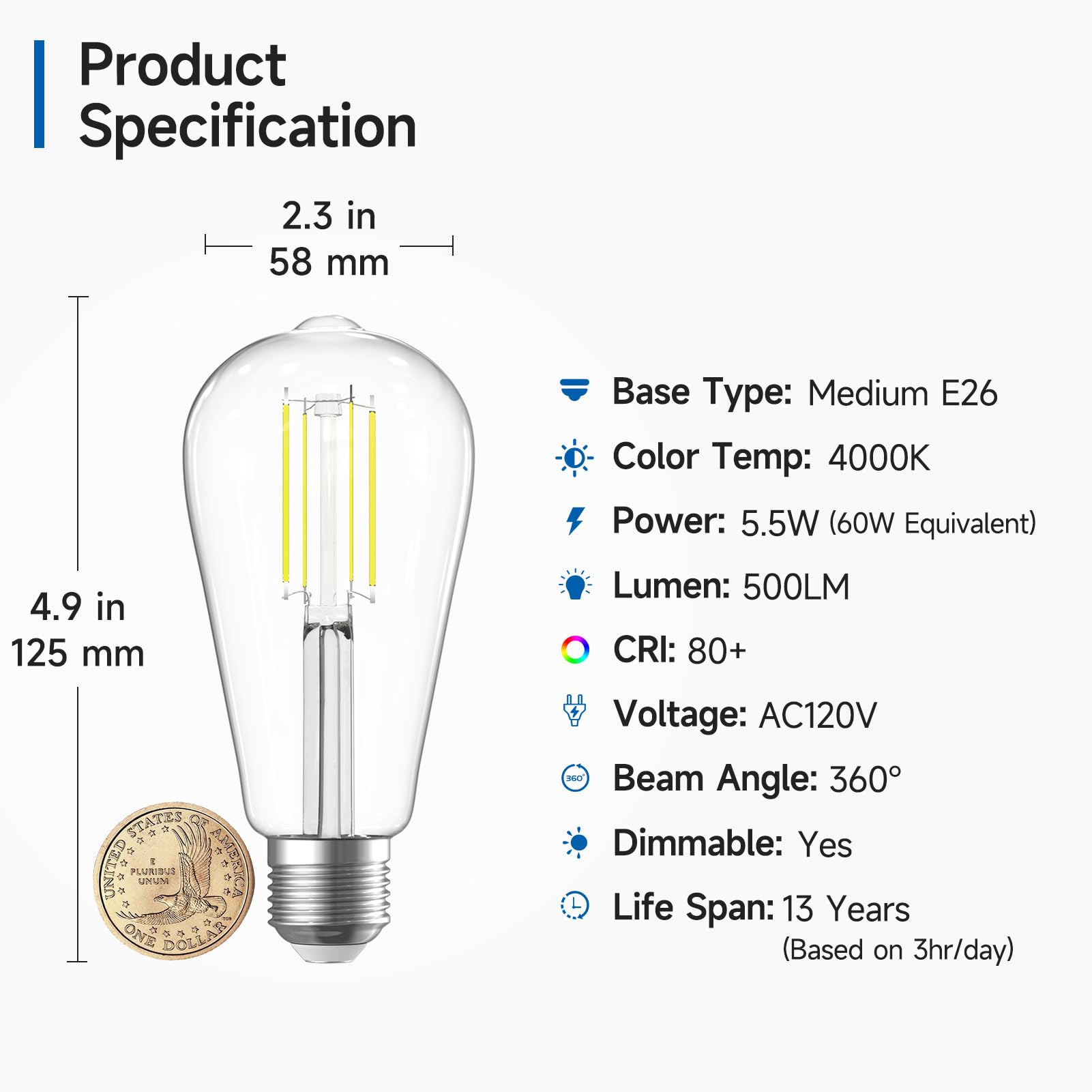 Shinestar 4 Pack Vintage Led Edison Bulbs, 60W Equivalent, Bright Daylight White 4000K, St58 Antique Led Filament Bulbs, E26 Med