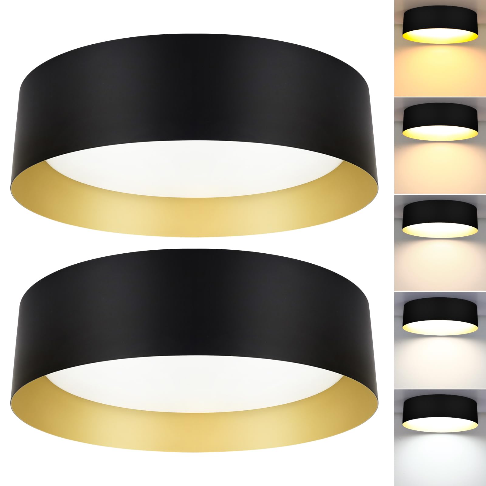 2-Pack Flush Mount Ceiling Lights, 25W LED Ceiling Light Fixtures 300W Equivalent 2600LM 5CCT Adjustable Modern Black and Gold F
