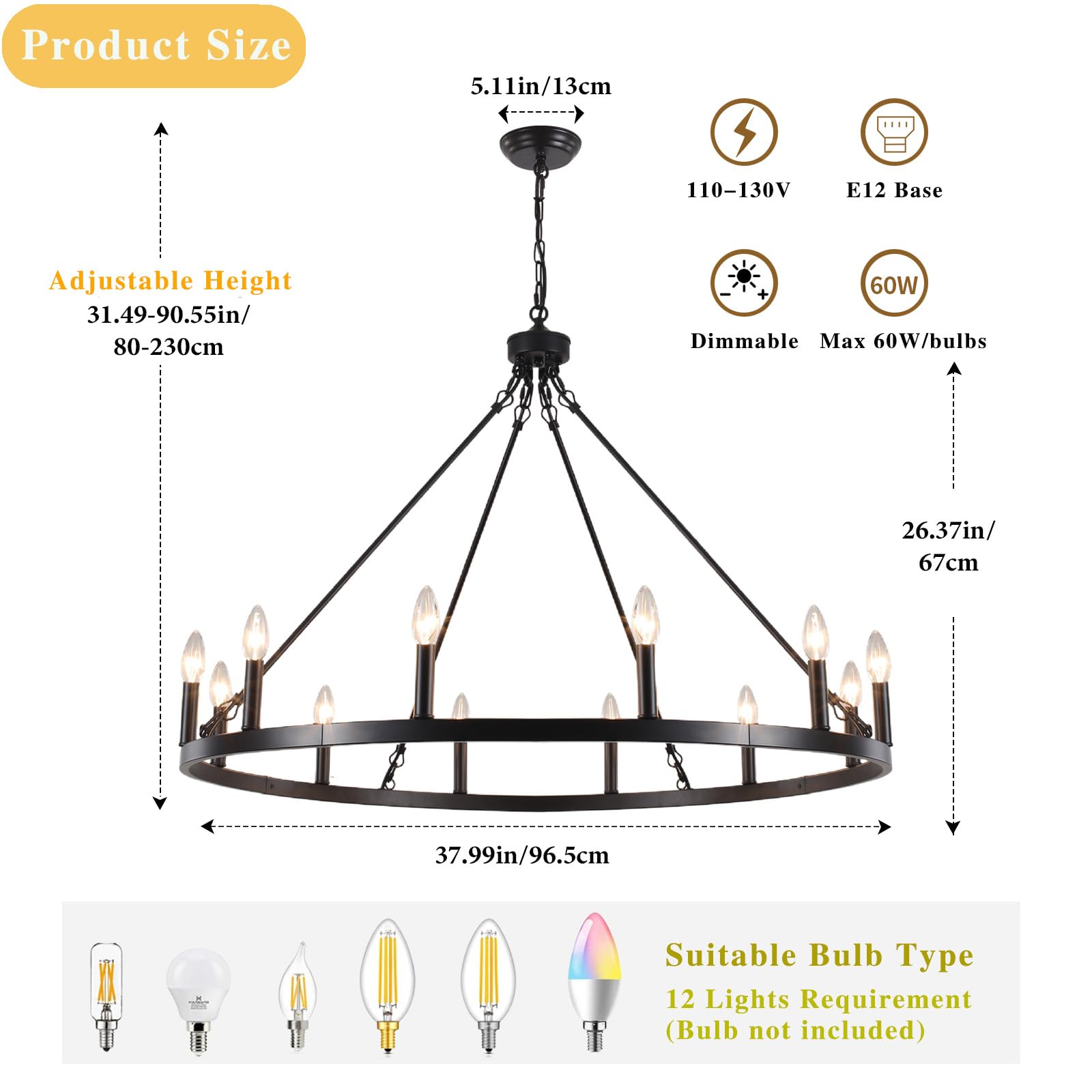 Sjccdsgs Black Large Wagon Wheel Chandelier 38 Inch, 12 Lights Farmhouse Chandelier, Industrial Rustic Candle Pendant Light Fixt
