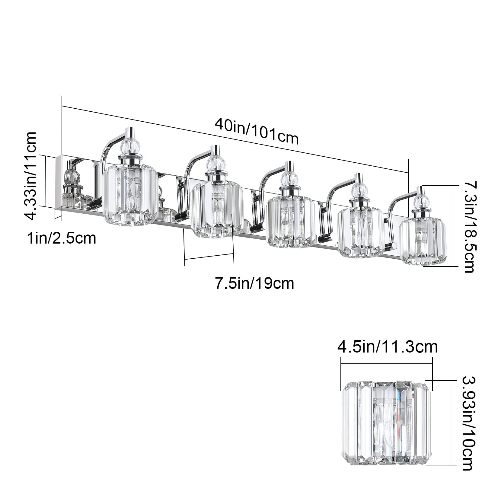 Ralbay 40" Modern Crystal Vanity Light 5 Bulbs Chrome Bathroom Fixture Over Mirror